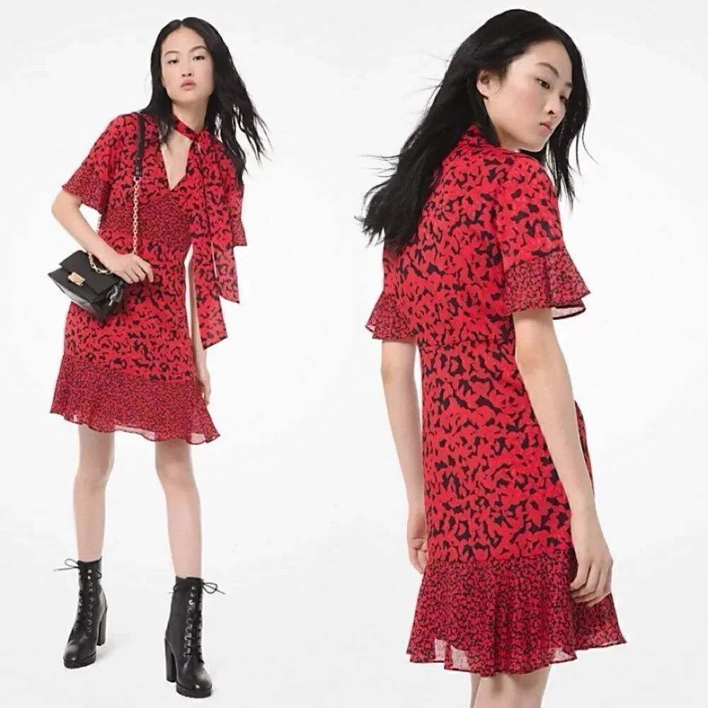Michael Kors Elbise Mini Red Dress Jacquard Tie Neck Size S